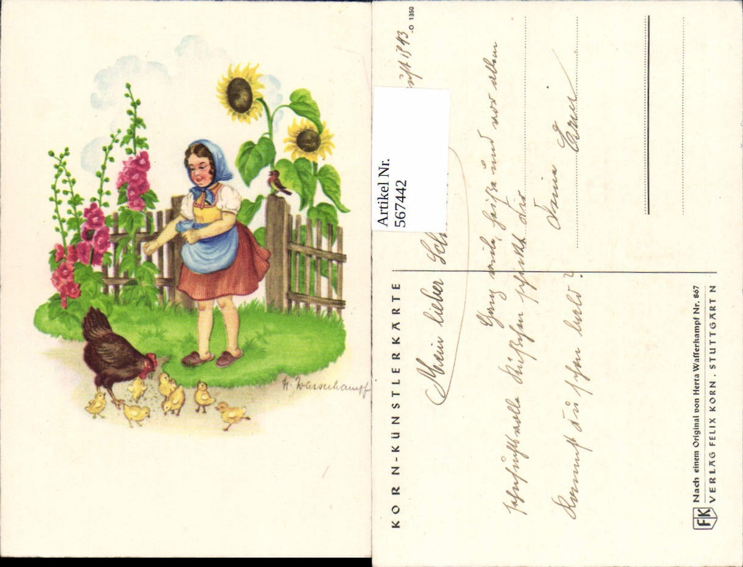 567442,Künstler AK Herta Wasserkampf Küken Sonnenblume pub Korn Künstlerkarte 867