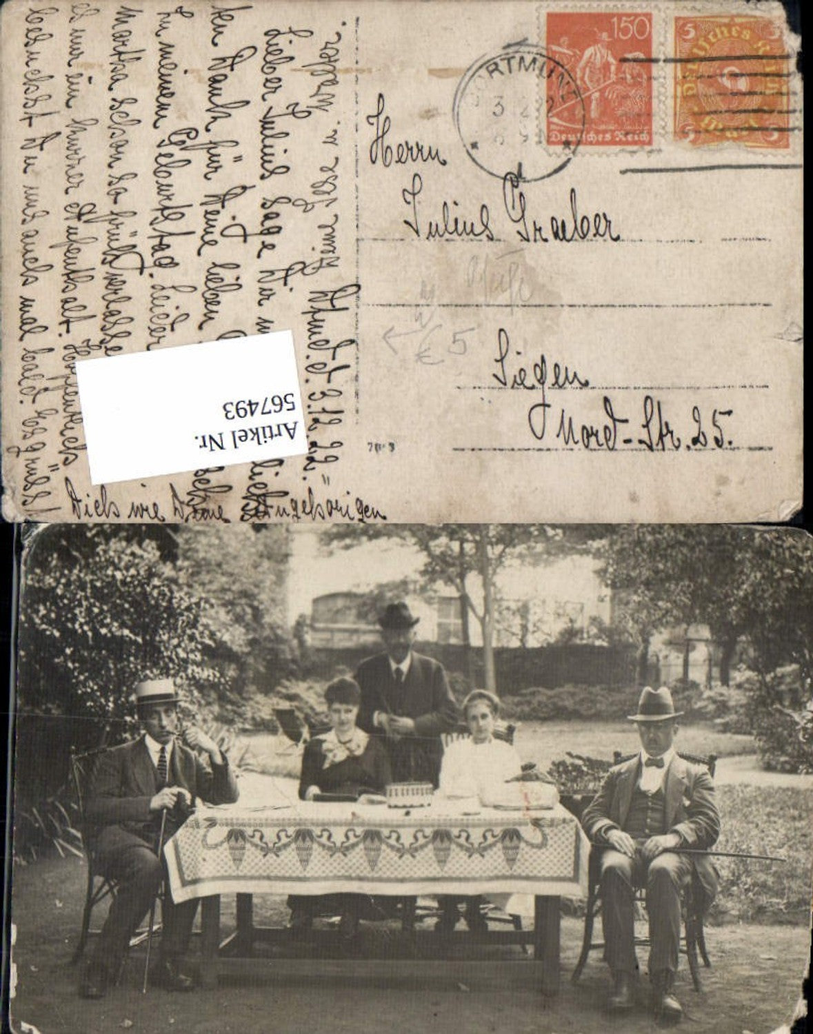 567493,Foto-AK Dortmund Familie Pfeife Rauchen Hut 1922 Geburtstag