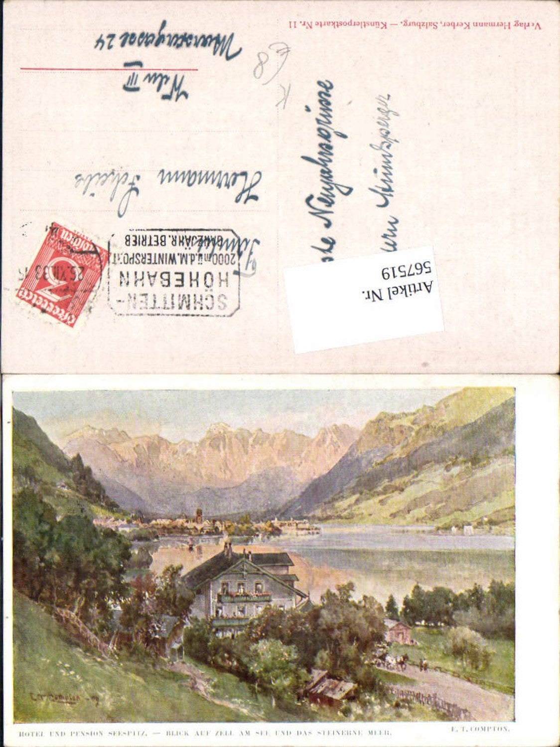 567519,Künstler AK E.T. Compton Zell am See Hotel Pension Seespitz