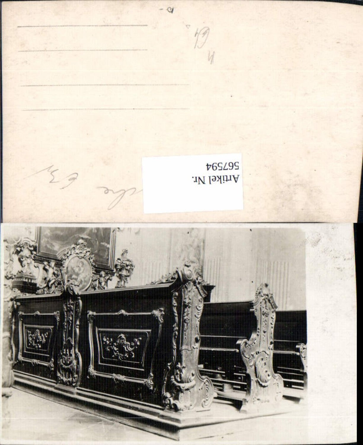 567594,Foto Ak Kirche Detailansicht Stuhl Sitzreihe Kirchenbank reich verziert