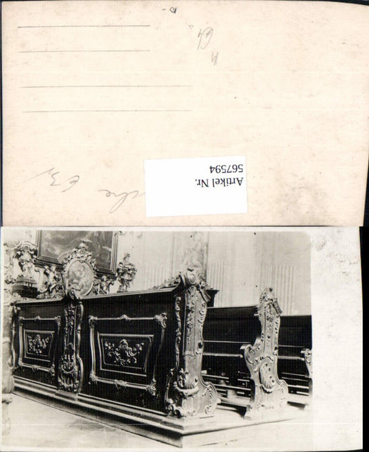 567594,Foto Ak Kirche Detailansicht Stuhl Sitzreihe Kirchenbank reich verziert