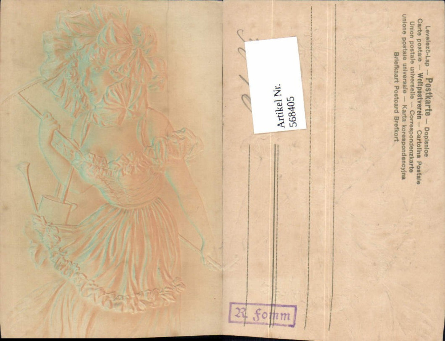 568405,Künstler Präge Jugendstil AK Reliefkarte Relief Frau Gießkanne Mode