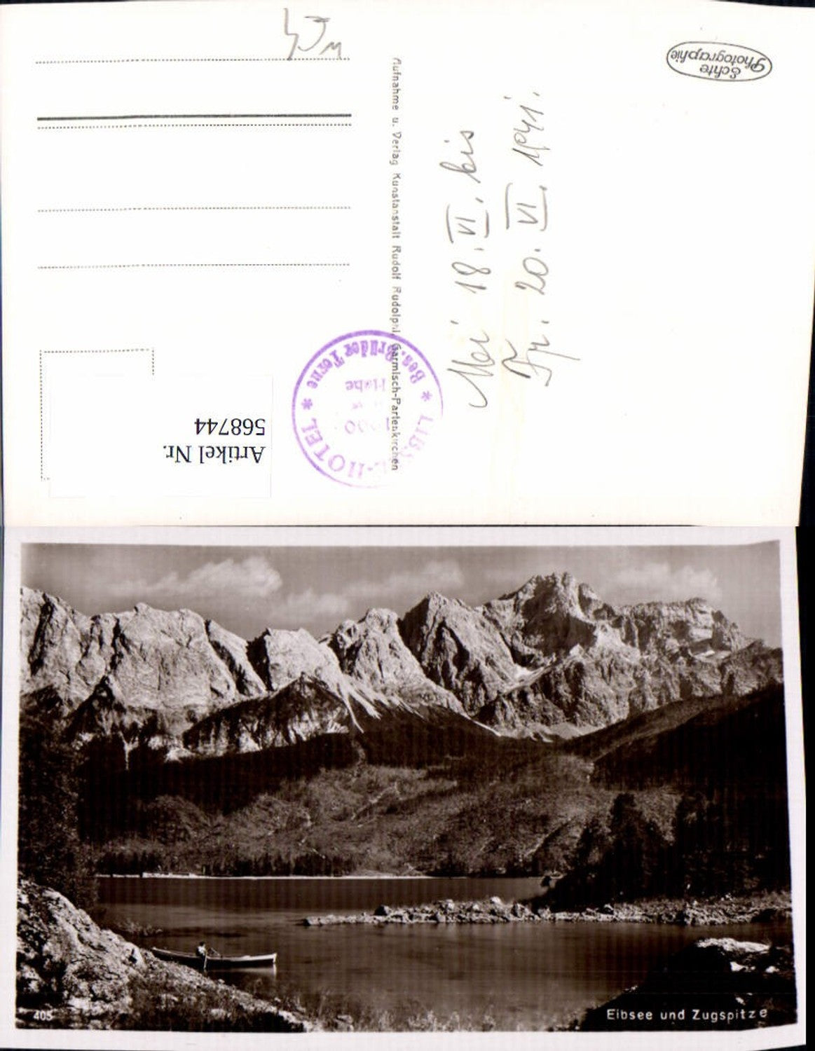 568744,Foto Ak Grainau Eibsee u. Zugspitze Ruderboot Boot