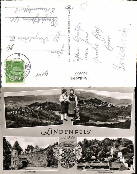 568933,Mehrbild Ak Lindenfels Odenwald Burghof Kurgarten Paar i. Tracht
