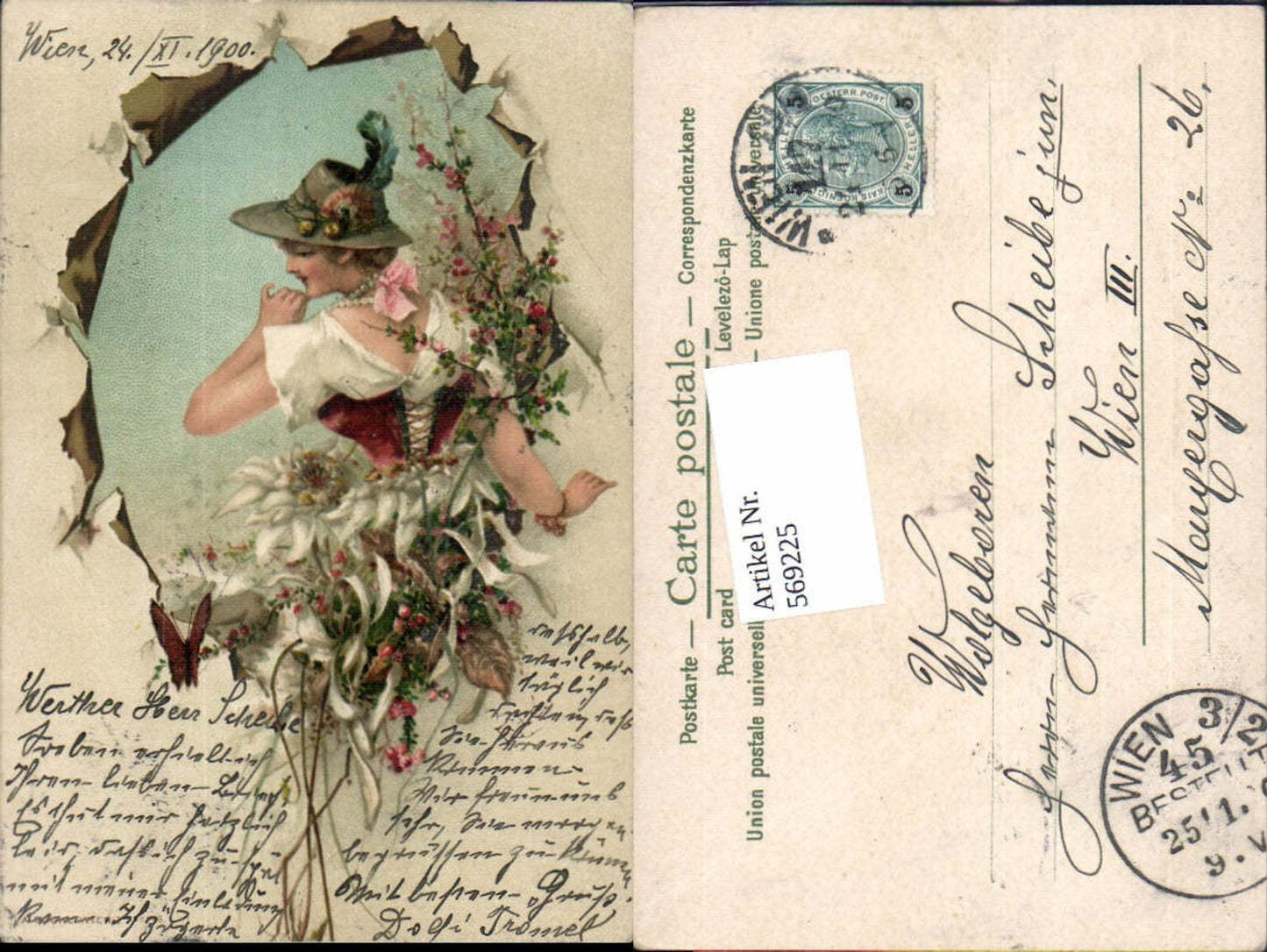 569225,Lithographie Frau Edelweiss Tracht Schmetterling