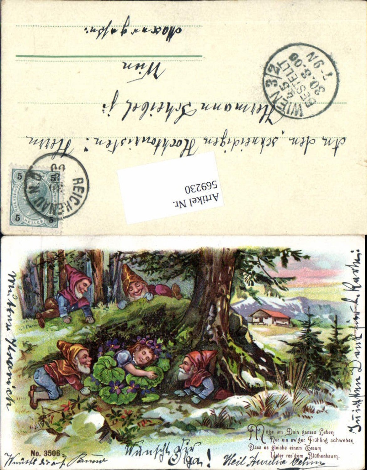 569230,tolle Lithographie Zwerge Mädchen Kind Baum Spruch Märchen