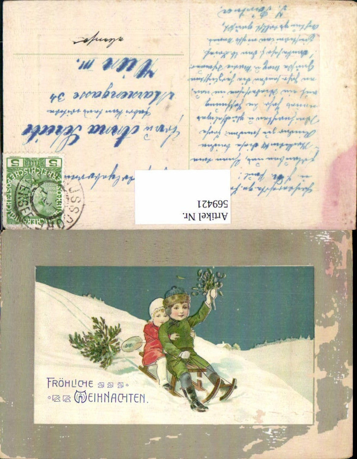 569421,tolle Präge Lithographie Weihnachten Kinder Rodel