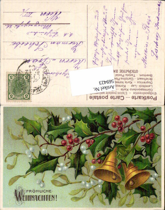 569423,tolle Präge Lithographie Weihnachten Glocke Distel