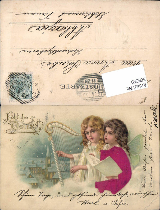 569559, Embossed lithograph silk appliqué silk postcard Easter angel harp