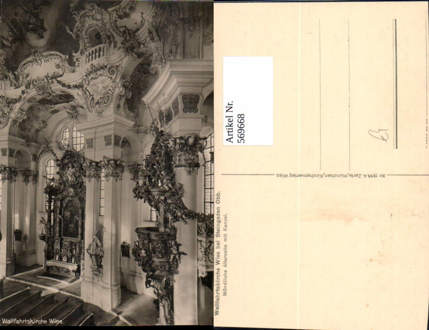 569668,Foto Ak Wallfahrtskirche Wies b. Steingaden Nördliche Altarseite m. Kanzel