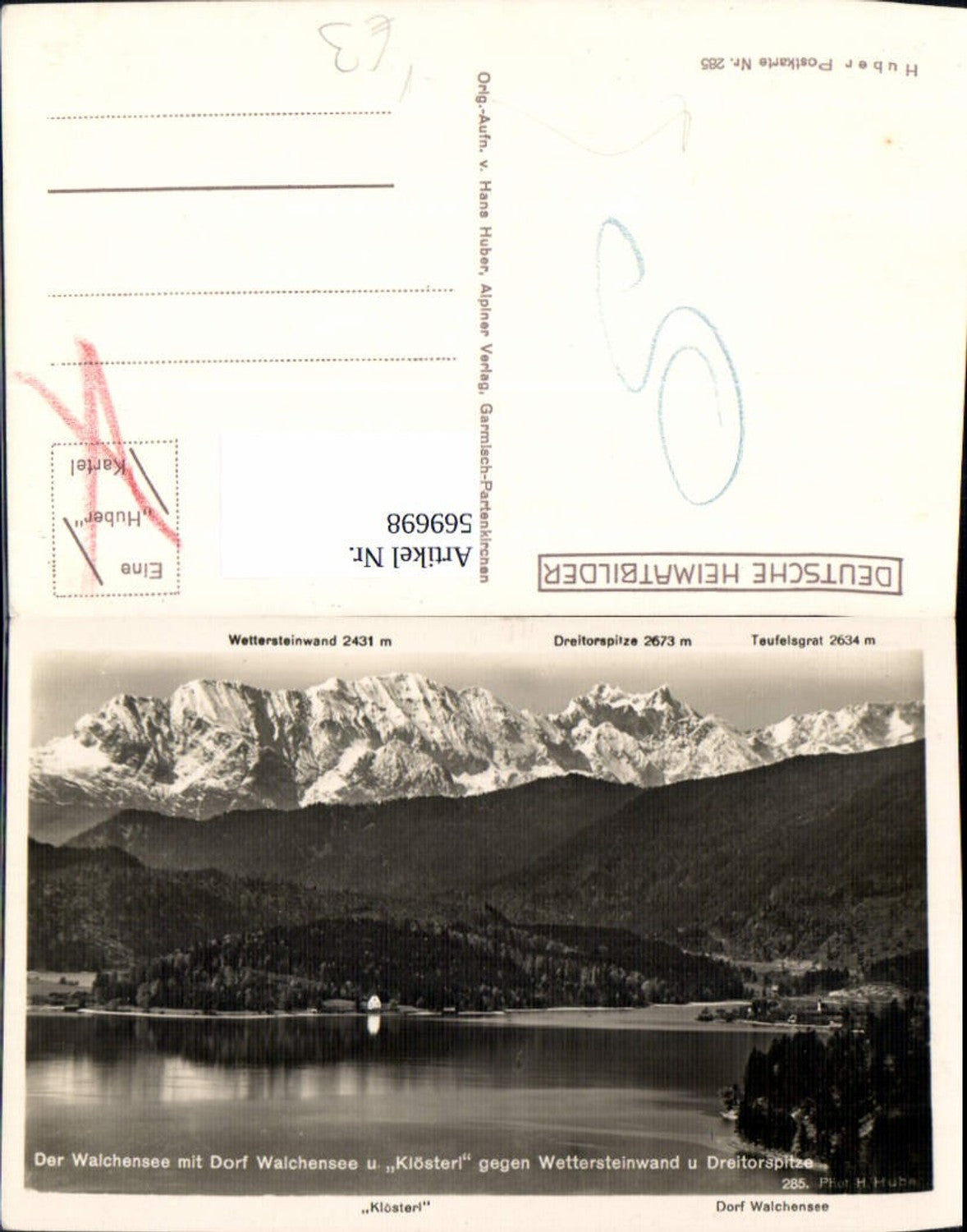569698, Village Walchensee Klösterl opposite Wettersteinwand and Dreitorspitze pub Huber 285