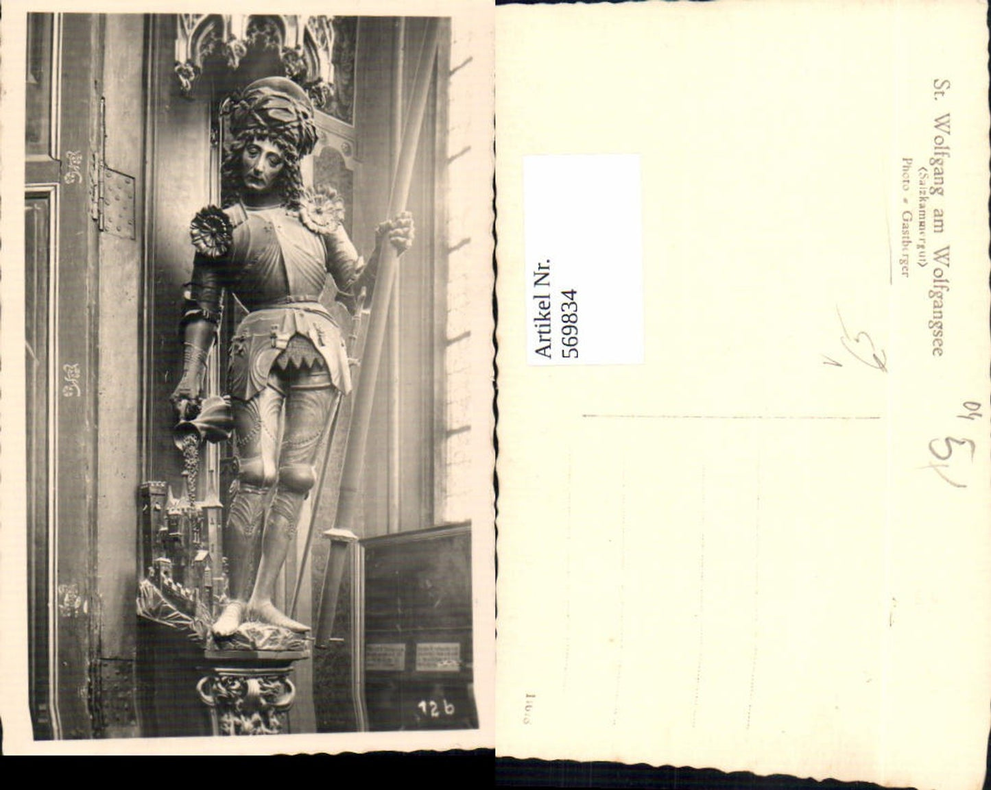 569834,Foto Ak St Wolfgang a. Wolfgangsee Statue Kirche pub Gastberger 12b