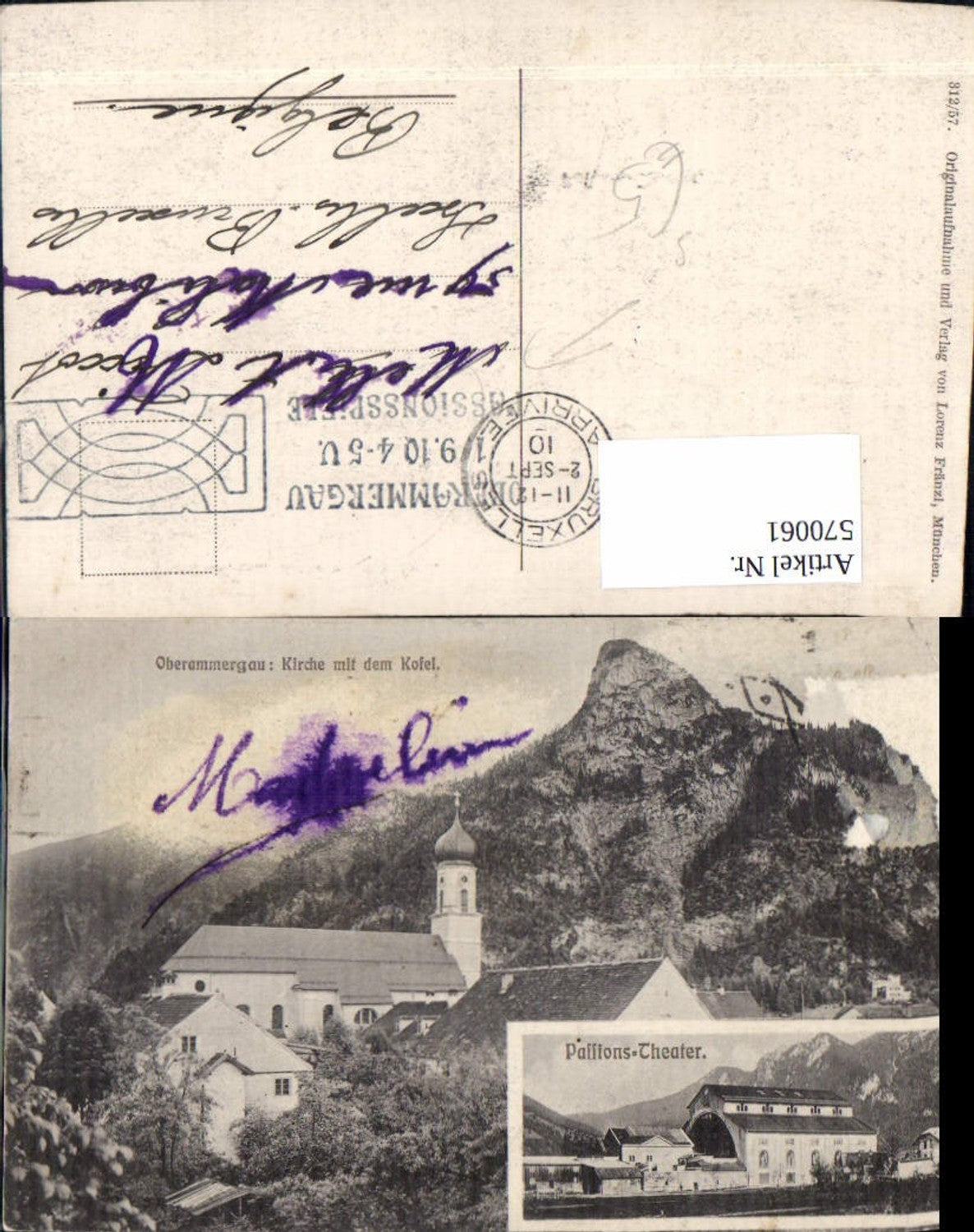 570061,Mehrbild Ak Oberammergau Kirche m. d. Kofel Passionstheater Stempel Passionsspiele 1910