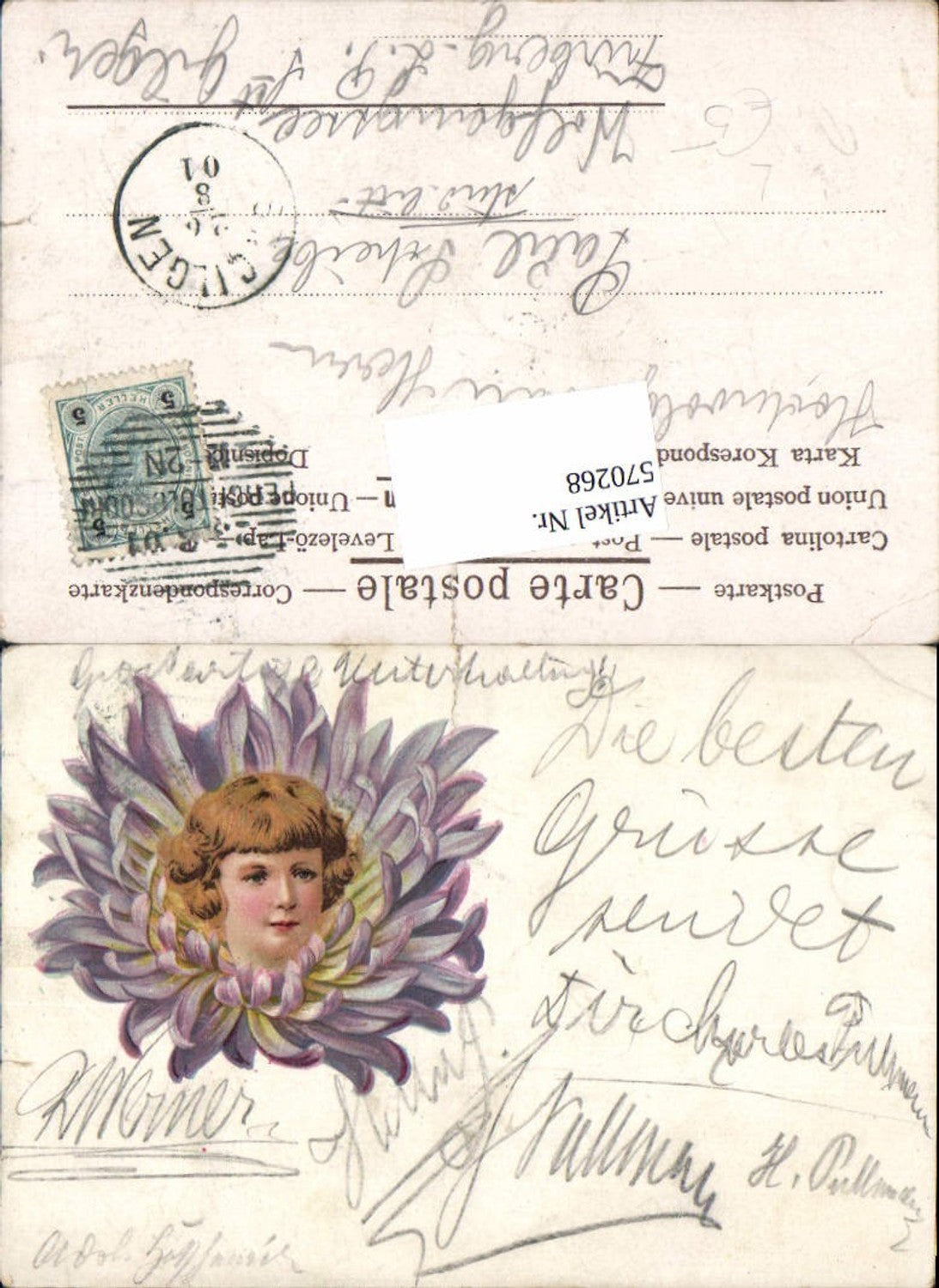 570268,Lithographie Kinderkopf Kind Blumenkopf