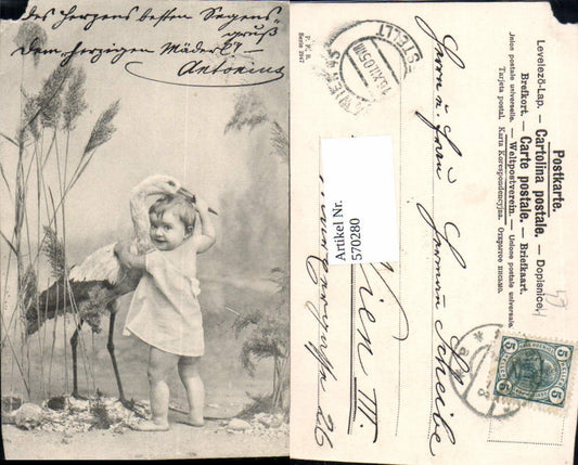 570280,Tolle AK Kind m. Storch Humor Scherz