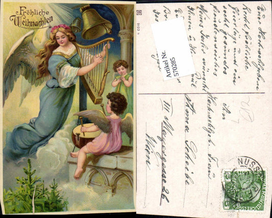 570285,tolle Lithographie Weihnachten Engel Harfe Glocke Trommel