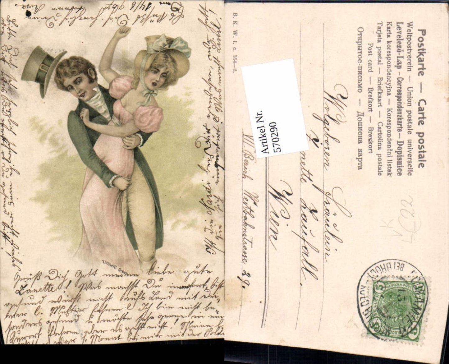 570290,Künstler Lithographie Ludwig Rauh Paar Mann Hut Mode pub B.K.W.I. 554-2