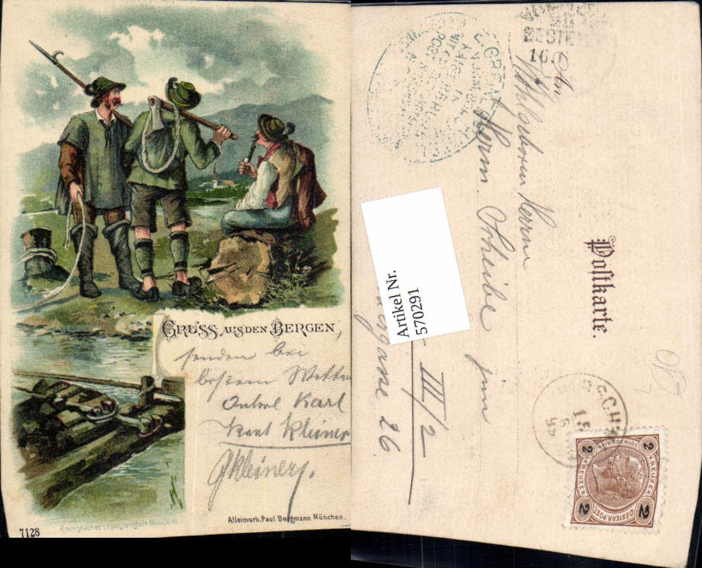 570291,tolle Künstler Lithographie Gruß aus den Bergen Holzfäller Pfeife Männer pub Stücker 7128