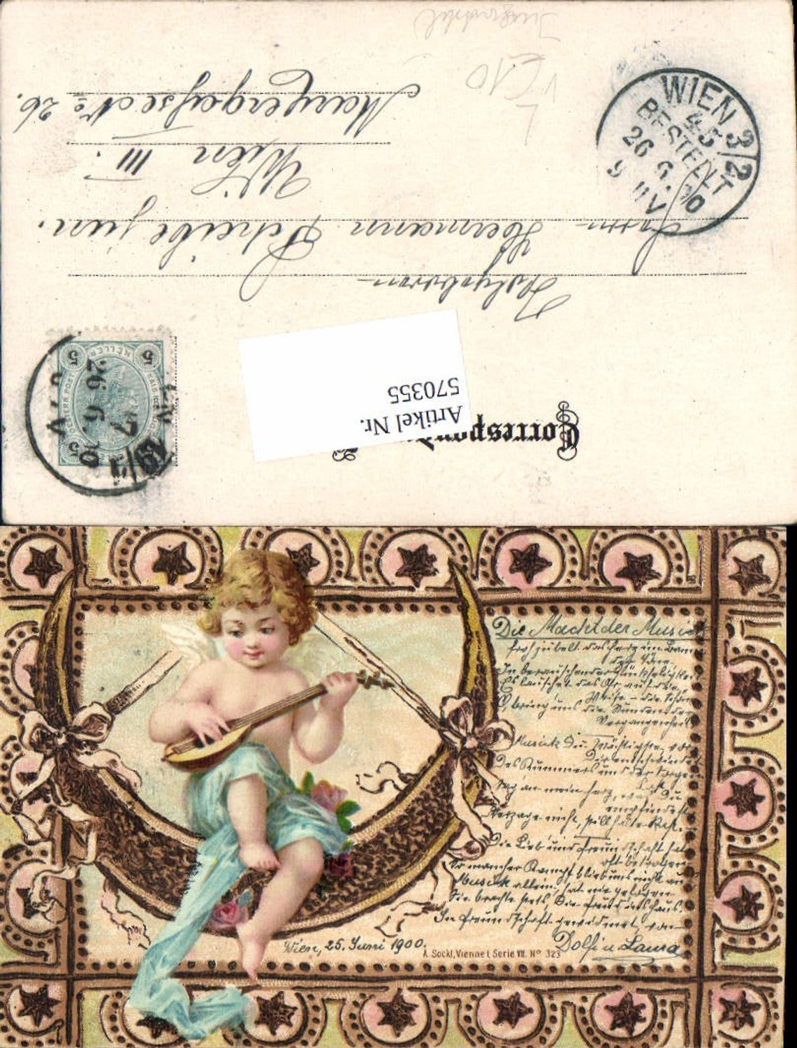 570355,Künstler Steinzeichnung Engel Amor Jugendstil Mondsichel Mond pub A. Sockl Vienne
