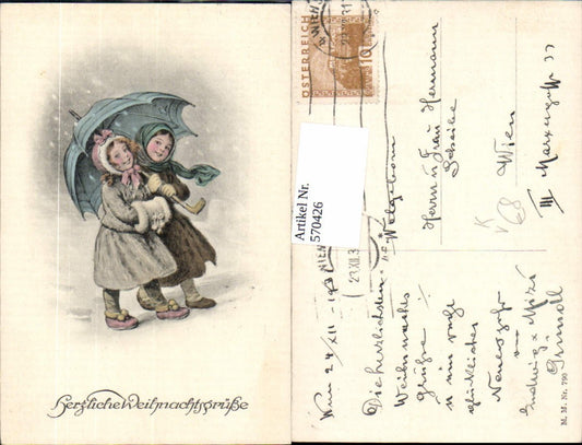 570426,Künstler AK Kinder Mädchen Schirm Weihnachten pub Munk Vienne 790