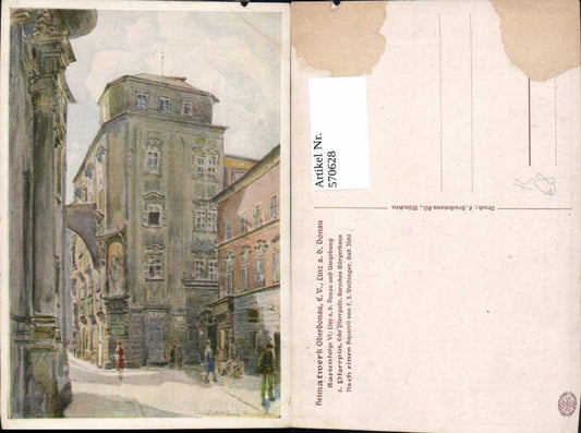 570628,Künstler Ak F. X. Weidinger Pfarrplatz Ecke Pfarrgasse Bürgerhaus Linz a. d. Donau