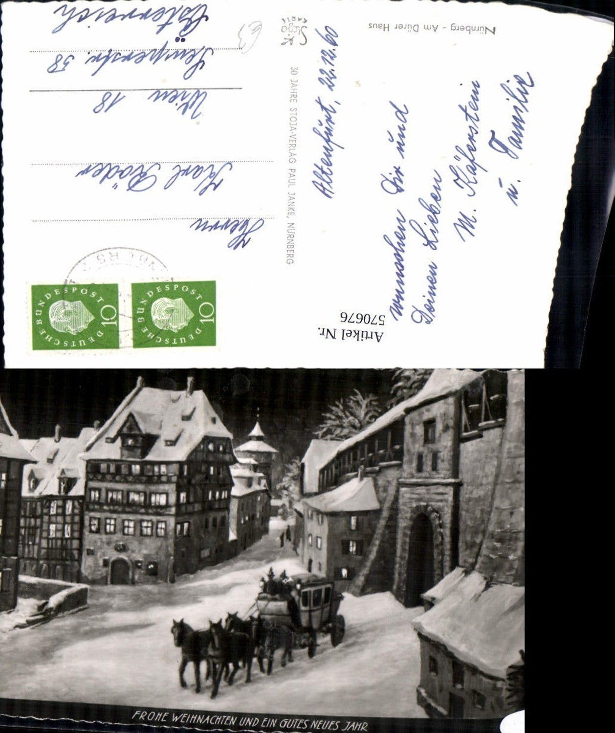 570676,Künstler Ak Nürnberg Am Dürer Haus Kutsche Winteransicht Weihnachten Neujahr