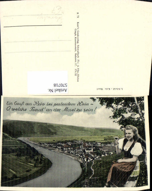 570718,Fotomontage Kröv Mosel Frau Tracht Weinglas Wein Spruch Text