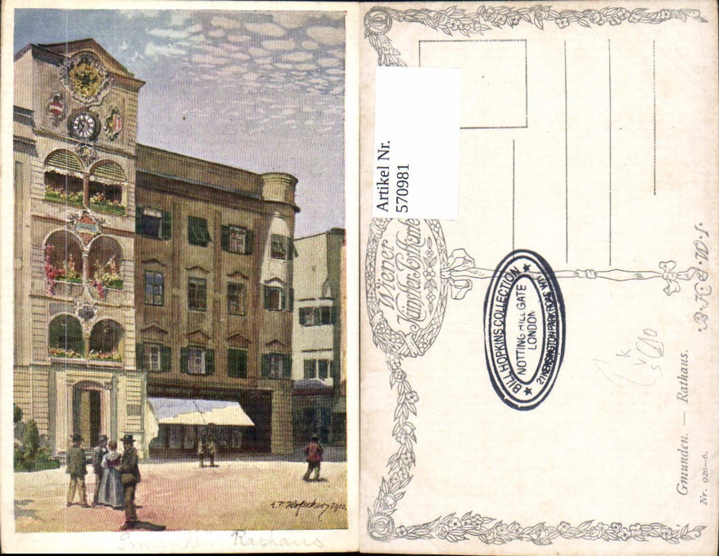 570981,Künstler Ak Hofecker Gmunden Rathaus Stempel Bill Hopkins Collection London pub B.K.W.I. 920/6