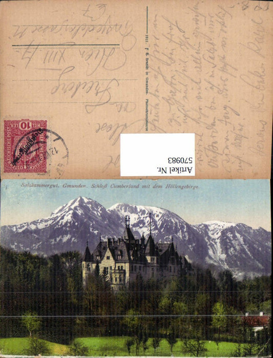 570983,Gmunden Schloss Cumberland m. d. Höllengebirge Salzkammergut pub F. E. Brandt 1356