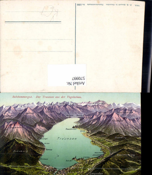 570997,Künstler Ak Lagekarte Salzkammergut Traunsee v. d. Vogelschau Gmunden Traunkirchen pub F. E. Brandt 1296