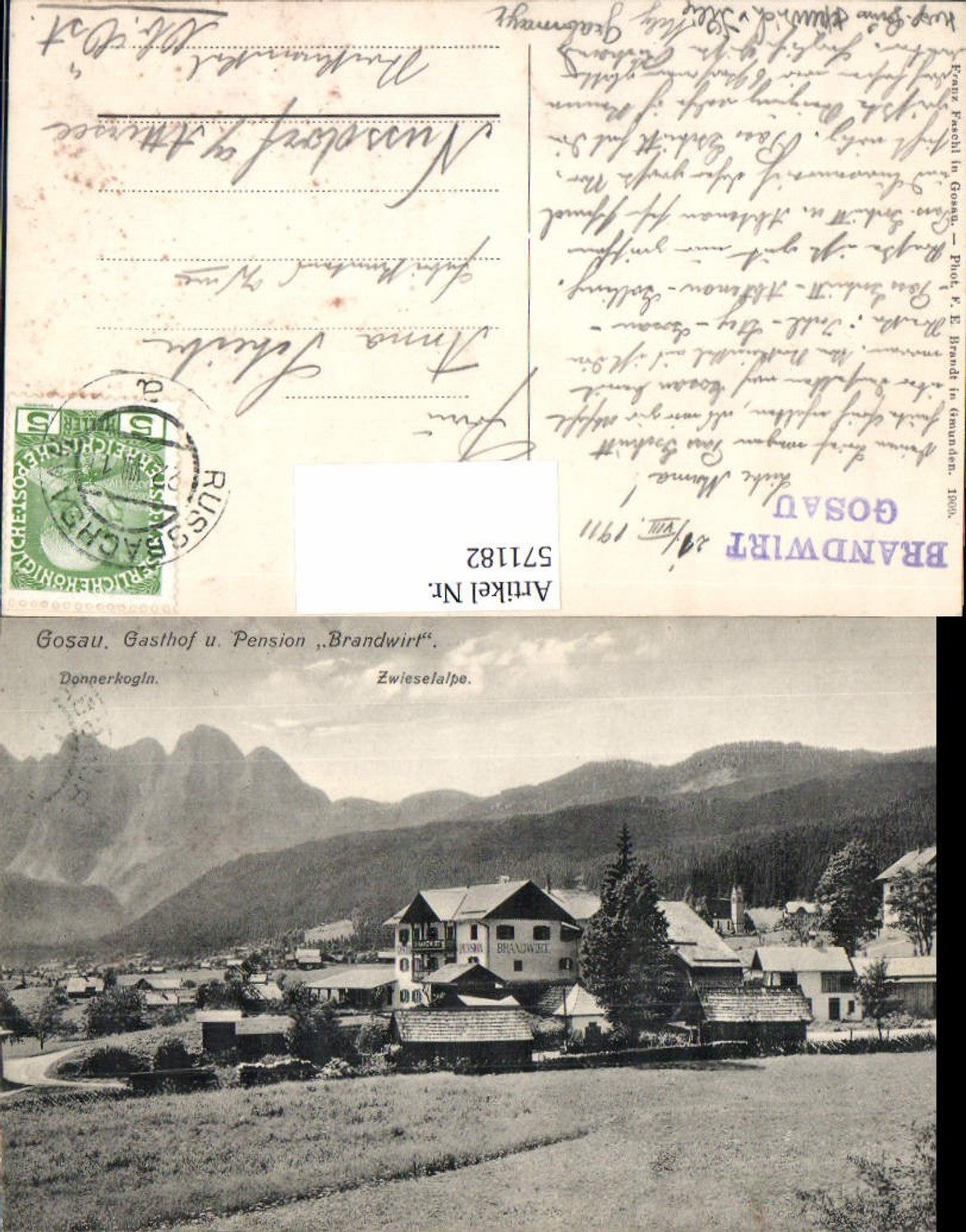 571182,Gosau Gasthof Pension Brandwirt Zwieselalpe pub F. E. Brandt