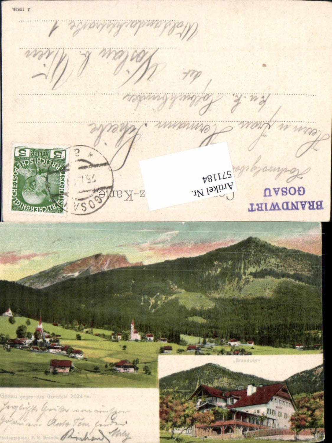 571184,Gosau gegen Gamsfeld m. Brandwirt pub F. E. Brandt