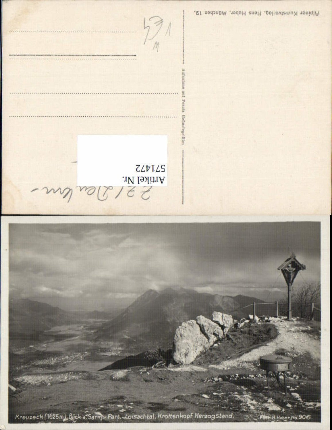 571472,Kreuzeck Blick auf Garmisch-Partenkirchen Loisachtal Krottenkopf Herzogstand Bergkreuz pub Hans Huber 906