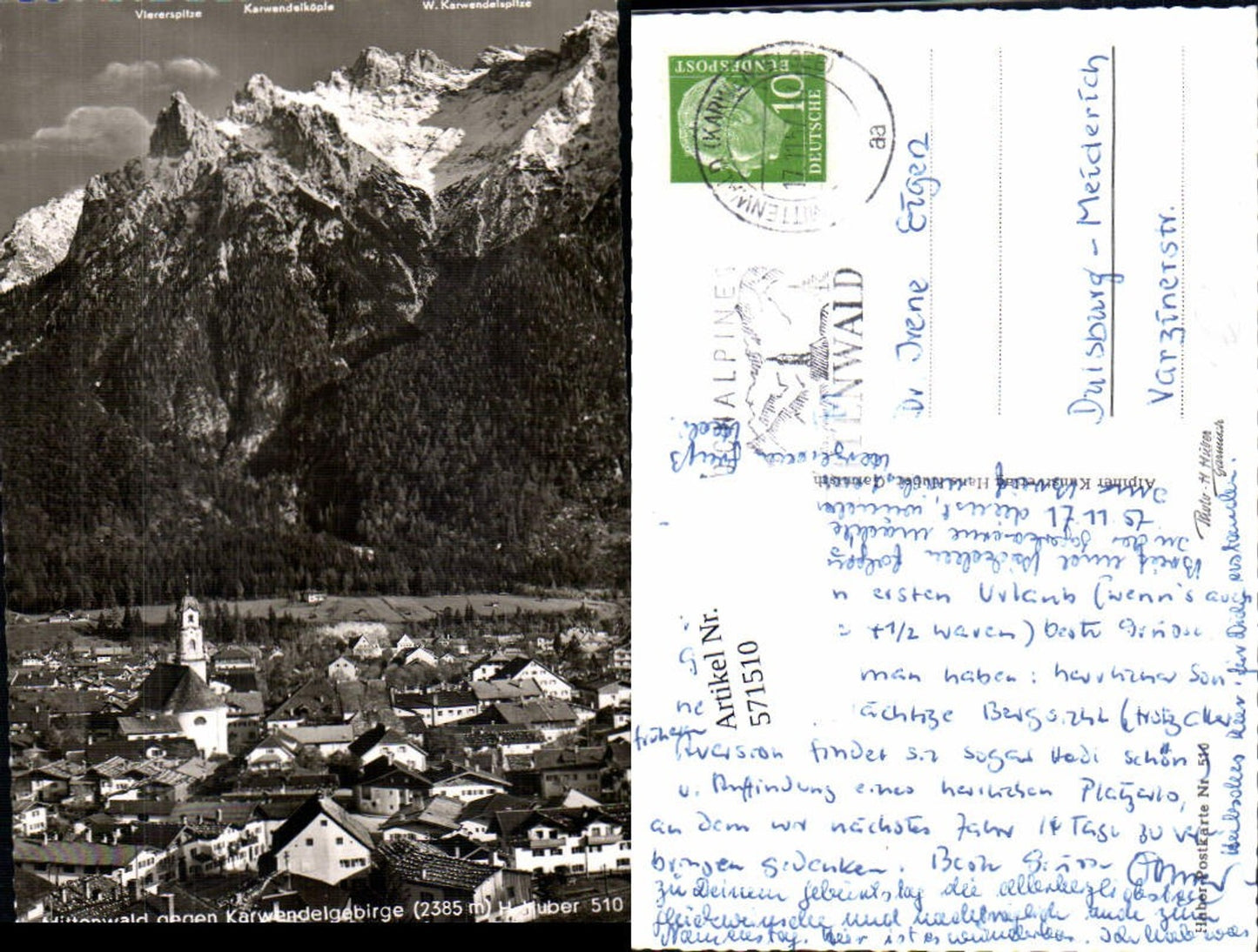 571510,Mittenwald geg. Karwendelgebirge pub Hans Huber 510
