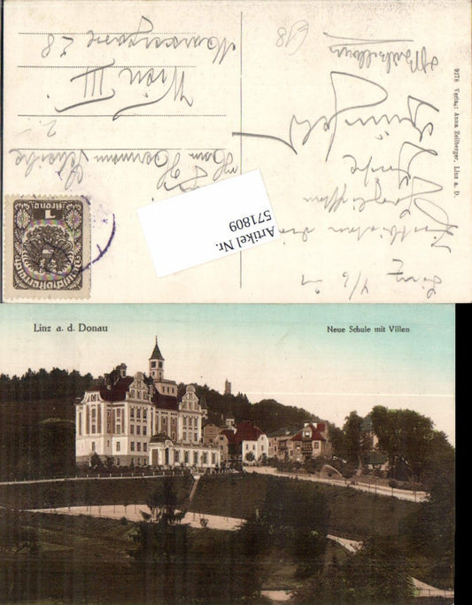 571809,seltene AK Linz an der Donau Neue Schule mit Villen