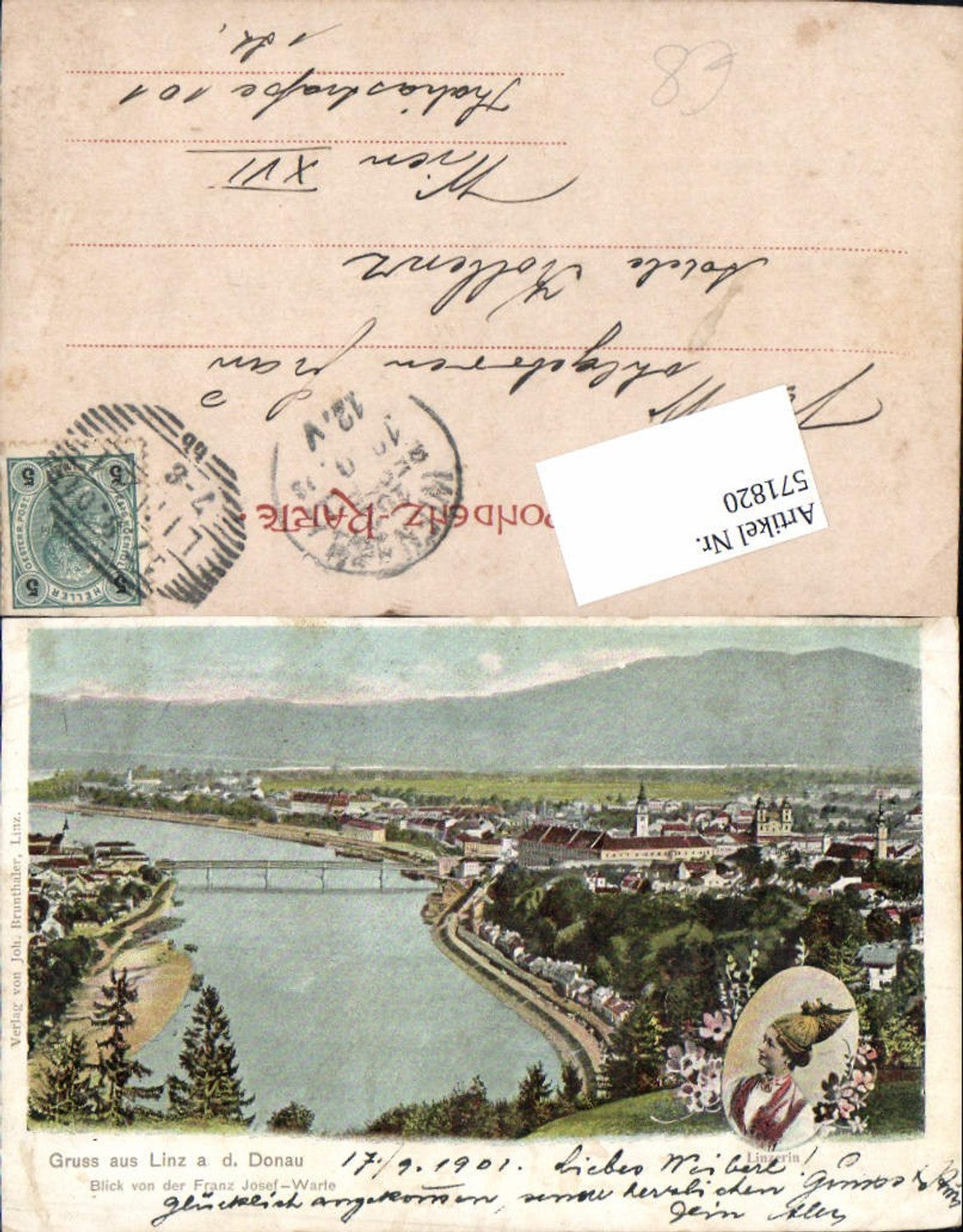571820,Lithographie Linz an der Donau Linzerin Tracht pub Brunthaler