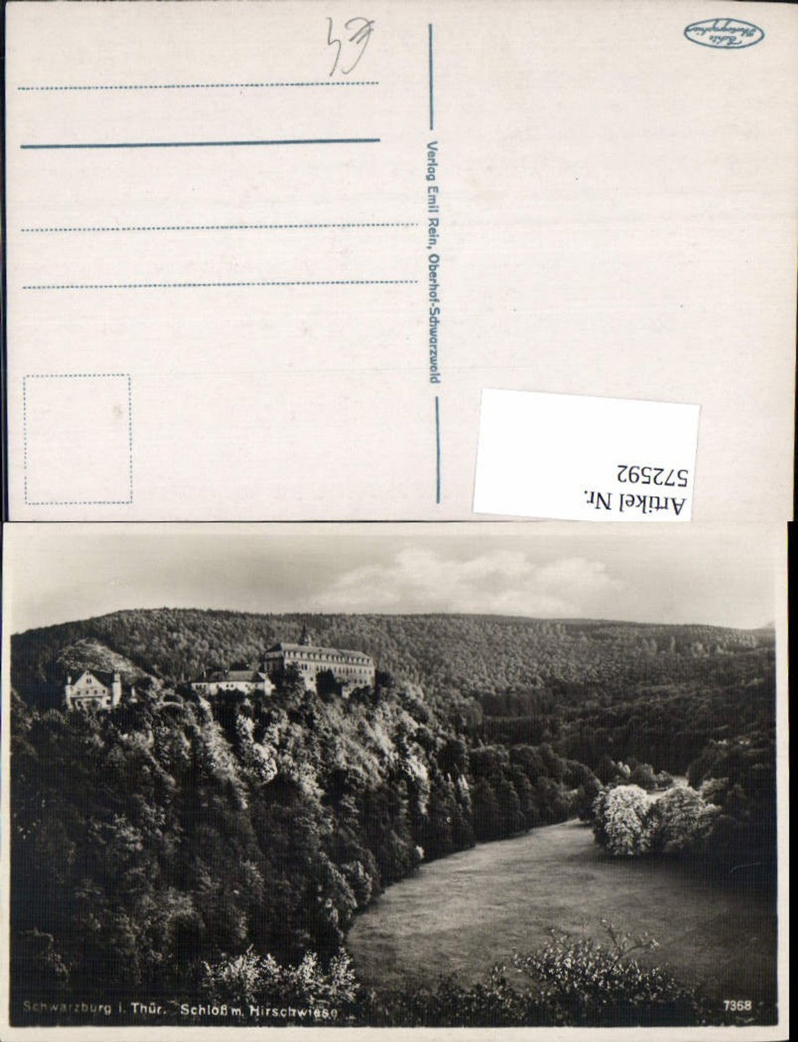 572592, Photo postcard of Schwarzburg Castle in Thuringia with deer meadow