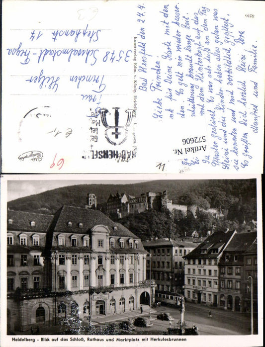 572606, Photo postcard Heidelberg, view of the castle, town hall and market square with Hercules fountain