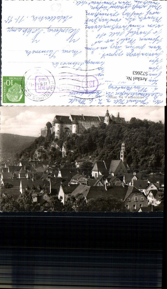 572663, Heidenheim an der Brenz, view with Hellenstein Castle, stamp 136 Dattenhausen via Dillingen on the Danube