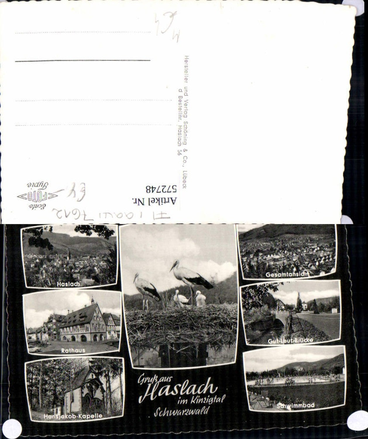 572748,Mehrbild Ak Haslach im Kinzigtal Schwarzwald Storch Störche Nest Schwimmbach Rathaus