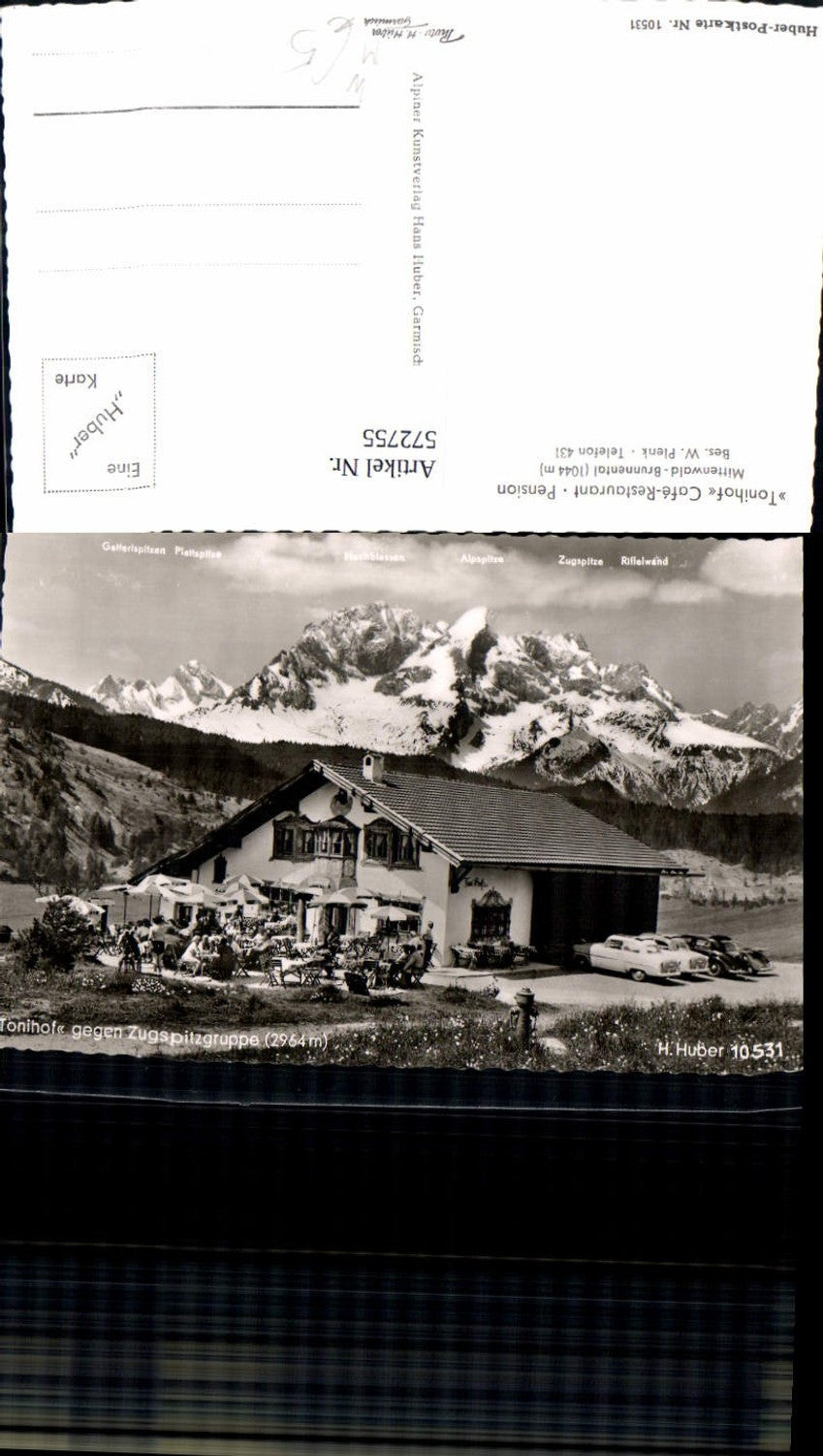 572755,Foto Ak Mittenwald Brunnental Tonihof geg. Zugspitzgruppe Auto VW Käfer pub H. Huber 10531