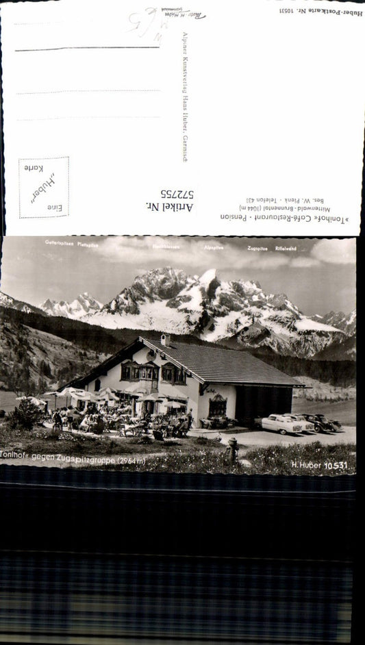 572755, Photo AK Mittenwald Brunnental Tonihof opposite Zugspitz Group Car VW Beetle pub H. Huber 10531