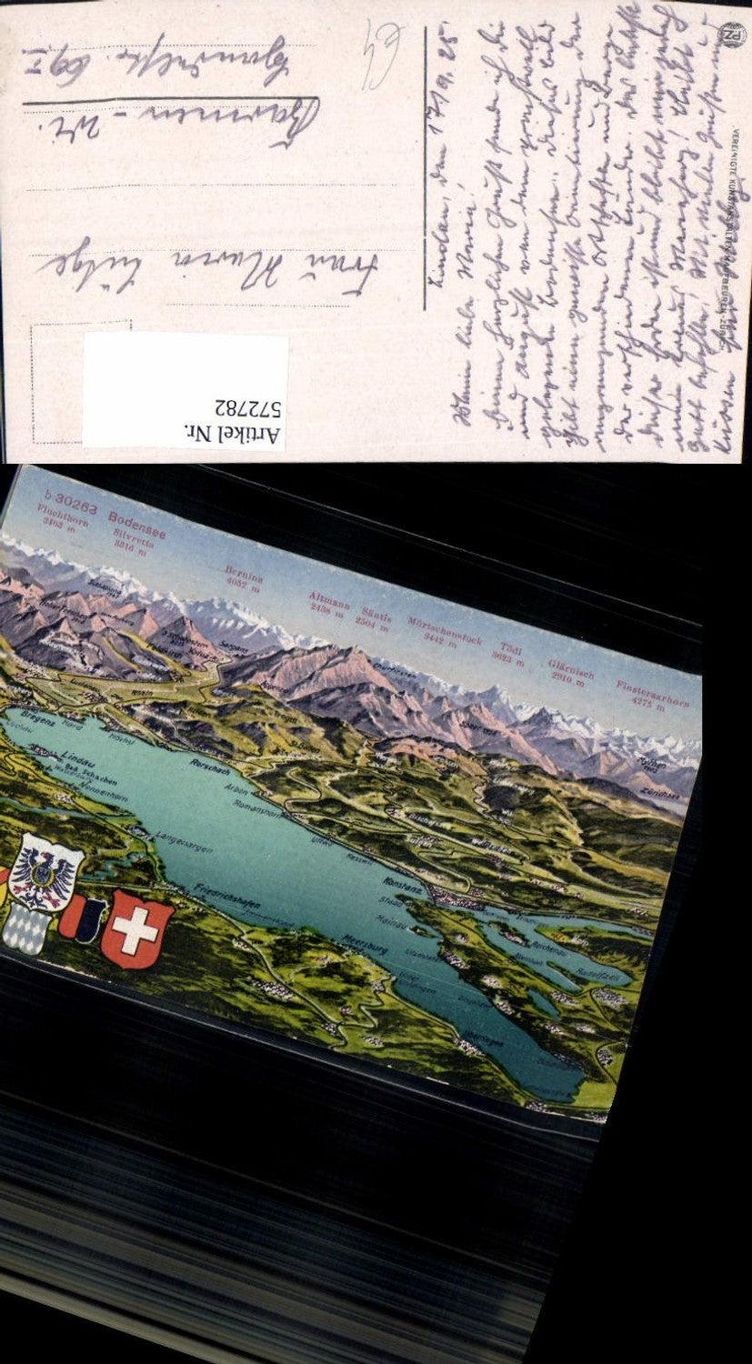 572782,Künstler Ak Bodenseepanorama Konstanz Friedrichshafen Wappen