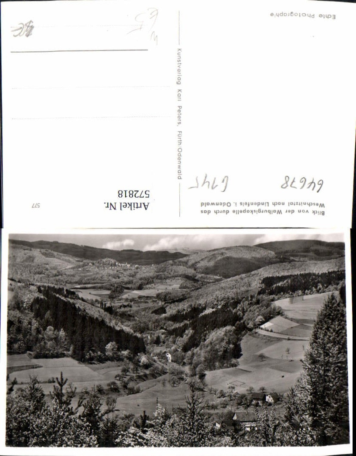 572818,Foto Ak Blick v. d. Walburgiskapelle n. Lindenfels Odenwald