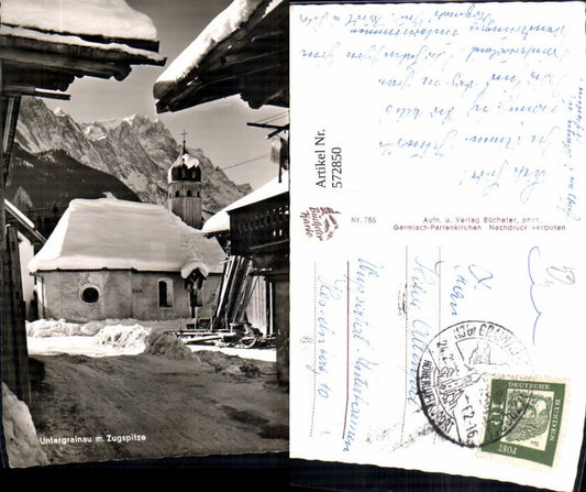 572850, Untergrainau Grainau with Zugspitze Winter view with church