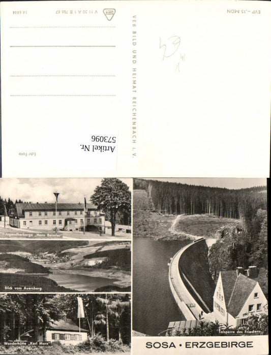 573096,Mehrbild Ak Sosa Eibenstock Erzgebirge Talsperre d. Friedens Wanderhütte Karl Marx pub VEB