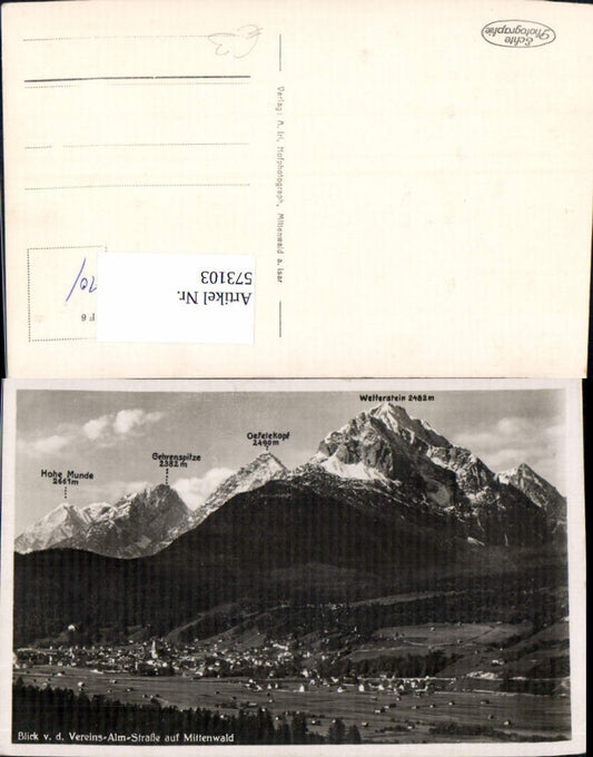 573103, Photo Ak View of Vereins-Alm-Straße towards Mittenwald summit map