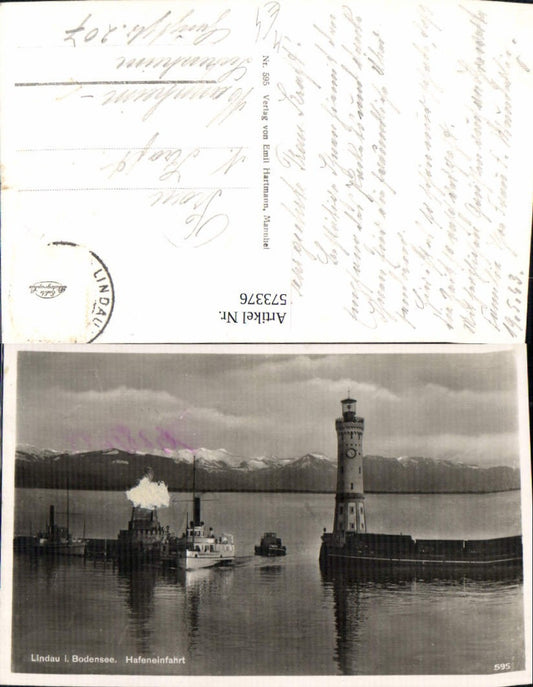 573376, Photo Ak Lindau i. Bodensee harbor entrance ship steamer lighthouse lion monument