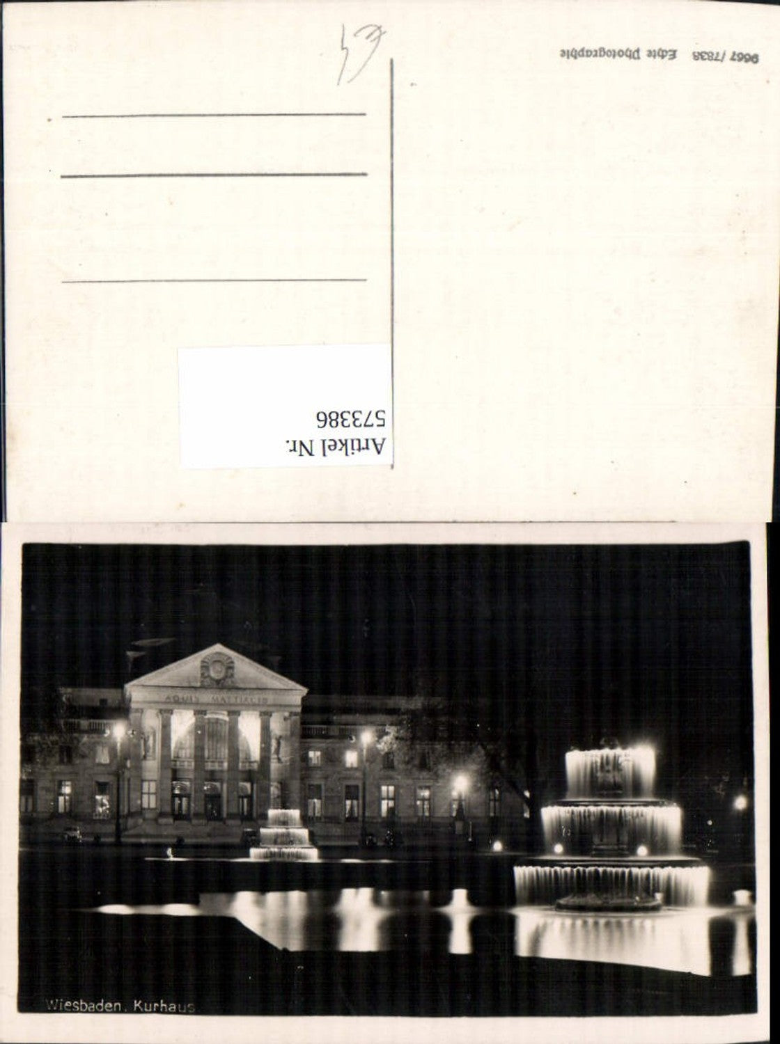 573386,Foto Ak Wiesbaden Kurhaus beleuchtet Springbrunnen Brunnen