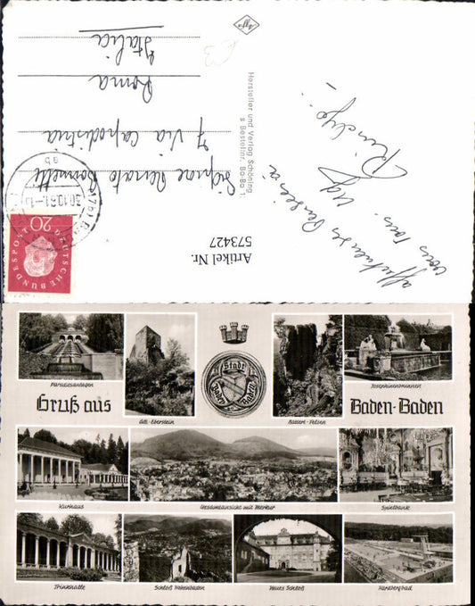 573427, Multi-image postcard Baden-Baden Paradise Gardens Casino Hohenbaden Castle